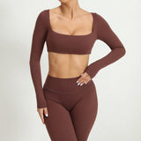 Brown SoftForm™ Sculpt Tank long-sleeve athletic top and leggings set on a white background