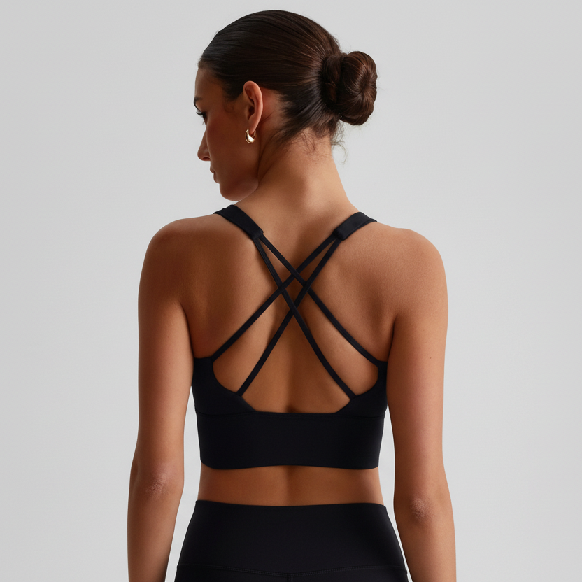 Woman wearing a black sports bra with criss-cross straps on a plain background